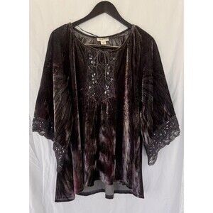 Style & Co Velvet Burnout Top 1X Crushed Lace Flare Sleeve Fairy Grunge Whimsy